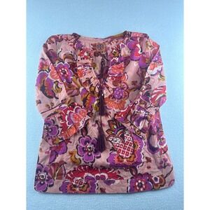 Tory Burch Pink Floral Cotton Tunic Ruffle Tassel Top Size 6
